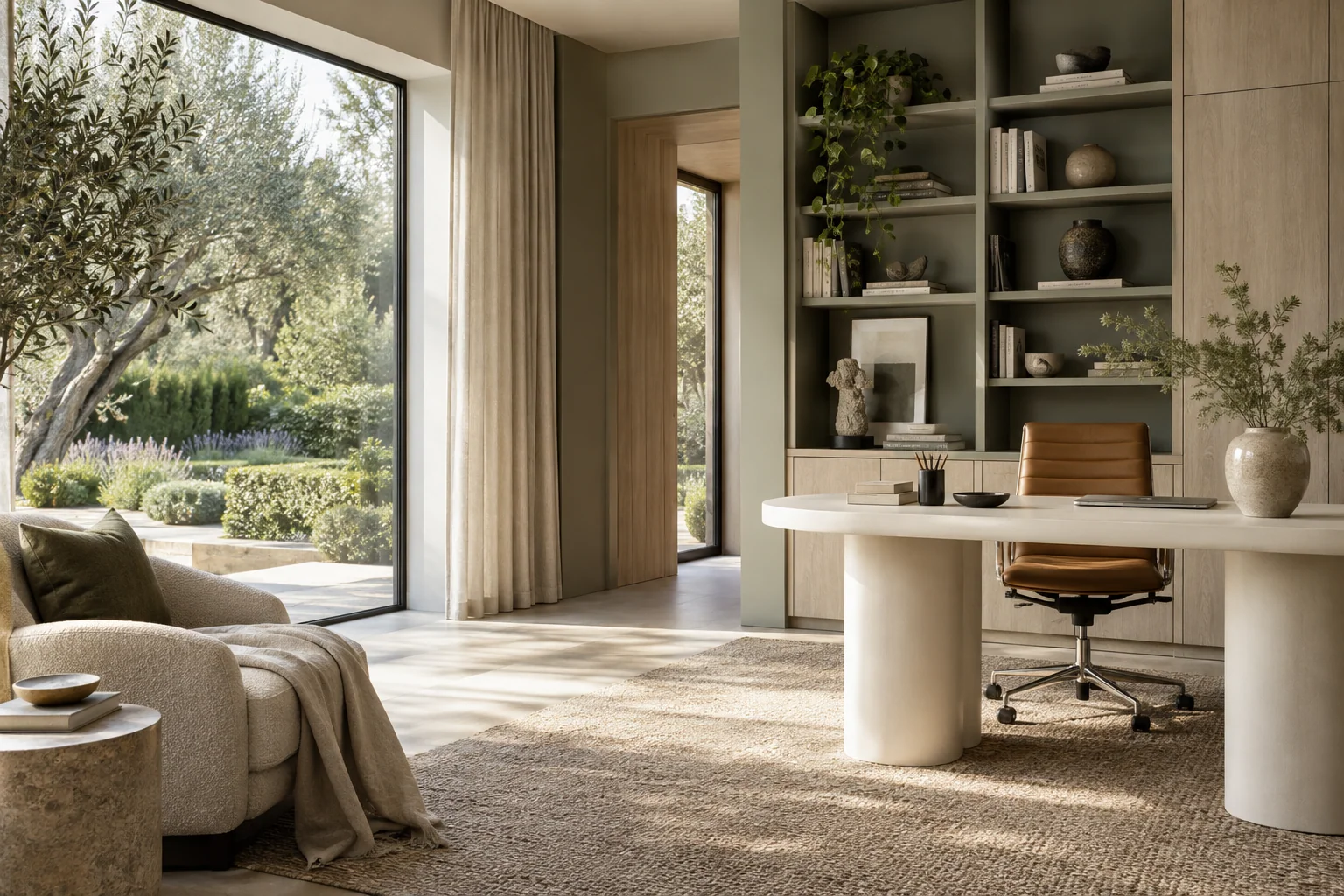 Illustrative sunlit home office with ash cabinetry and a sculptural desk